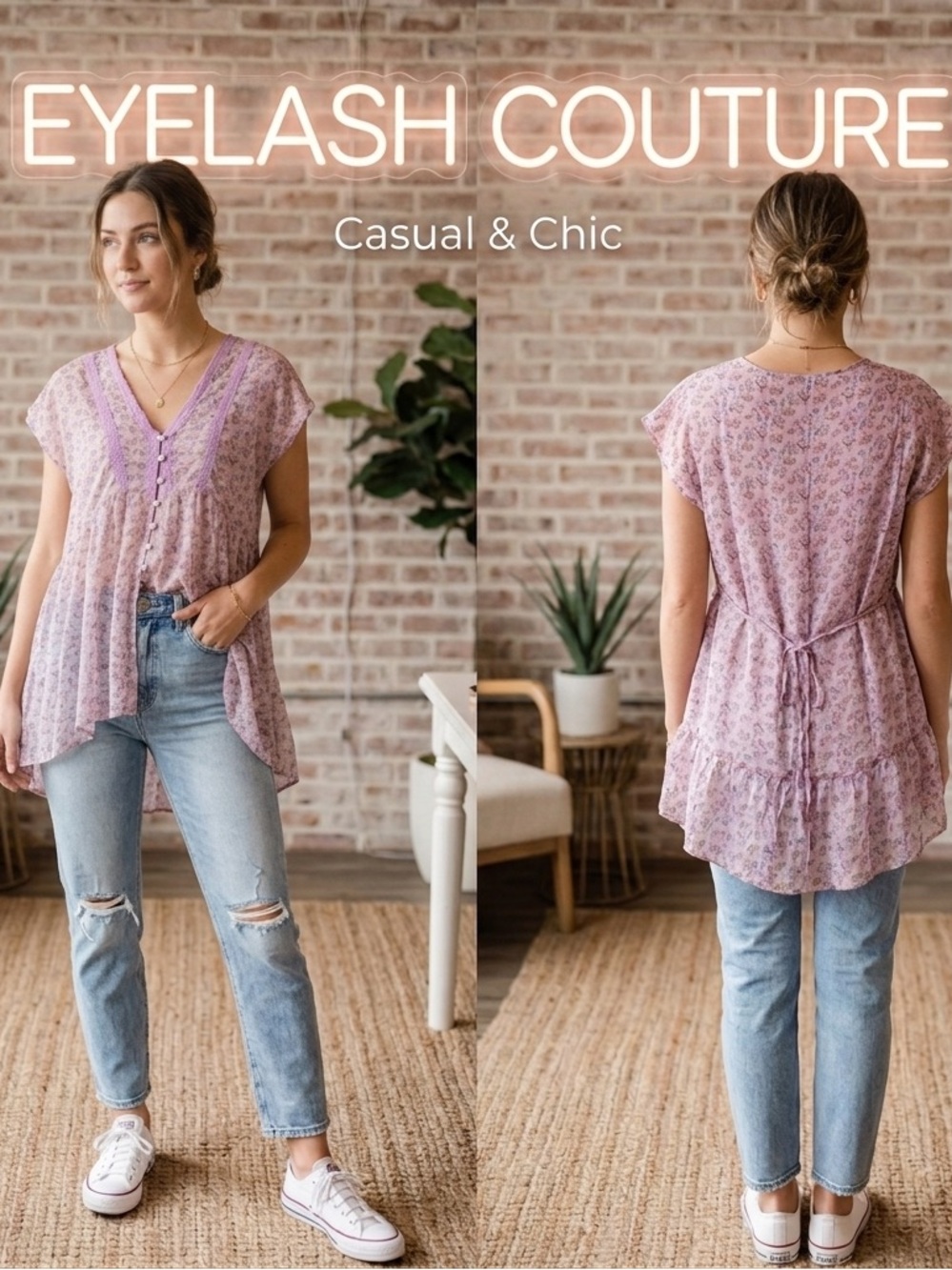 Eyelash Couture Floral High/Low Tie Back Sheer Blouse Small